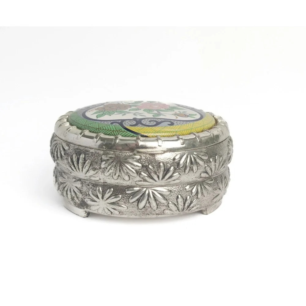 F.B. Rogers Silver Plated Trinket Box Floral Porcelain Lid Vintage